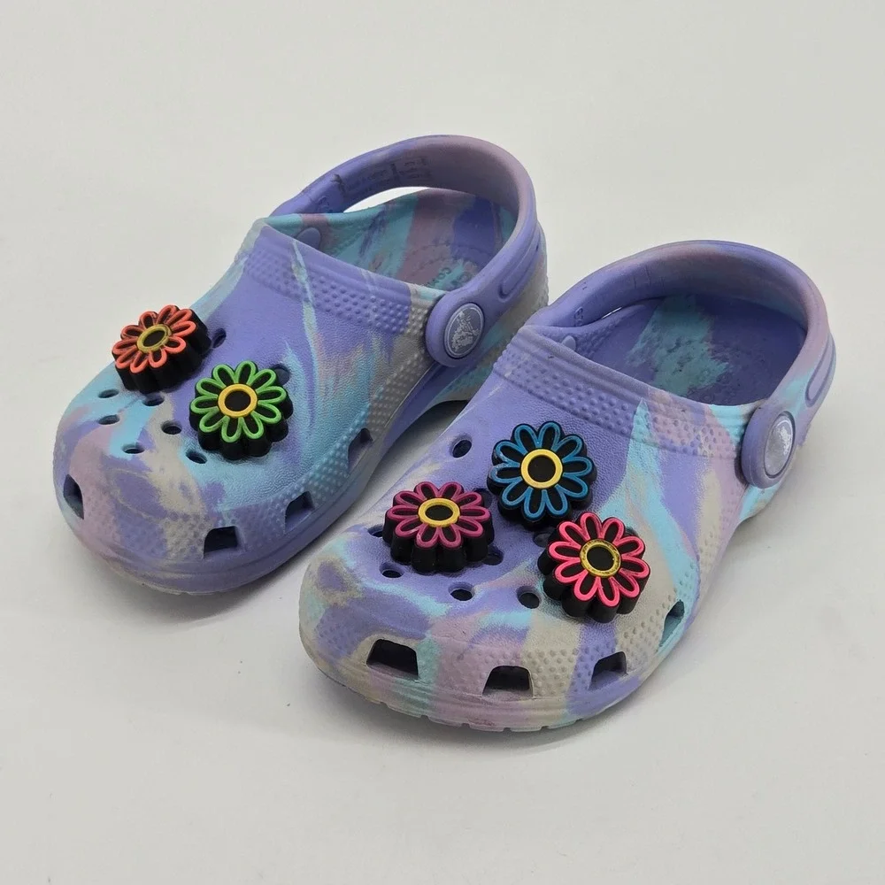 Crocs Kids‎ Classic Marbled Clog Pastel Purple Blue C9 Light Up Flower Jibbitz